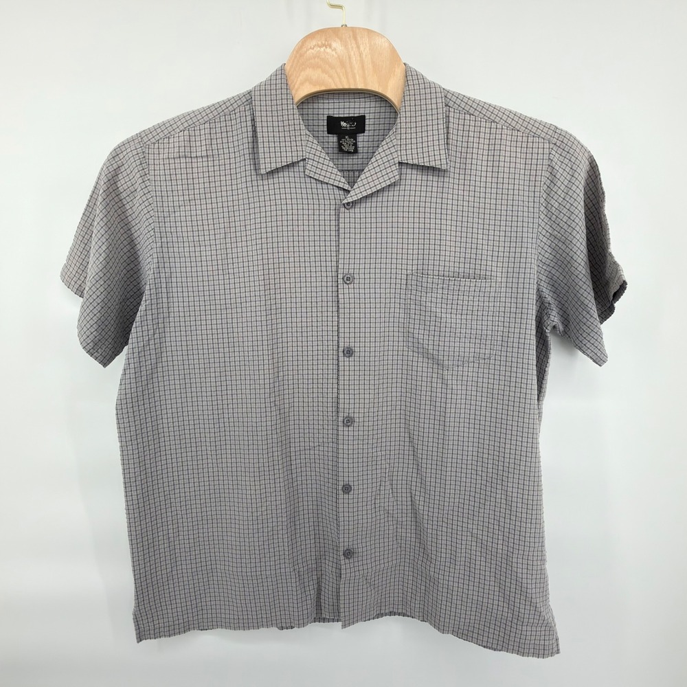 Mossimo Button Front Shirt Mens XL Gray Black Blue Plaid Rayon Short Sleeve